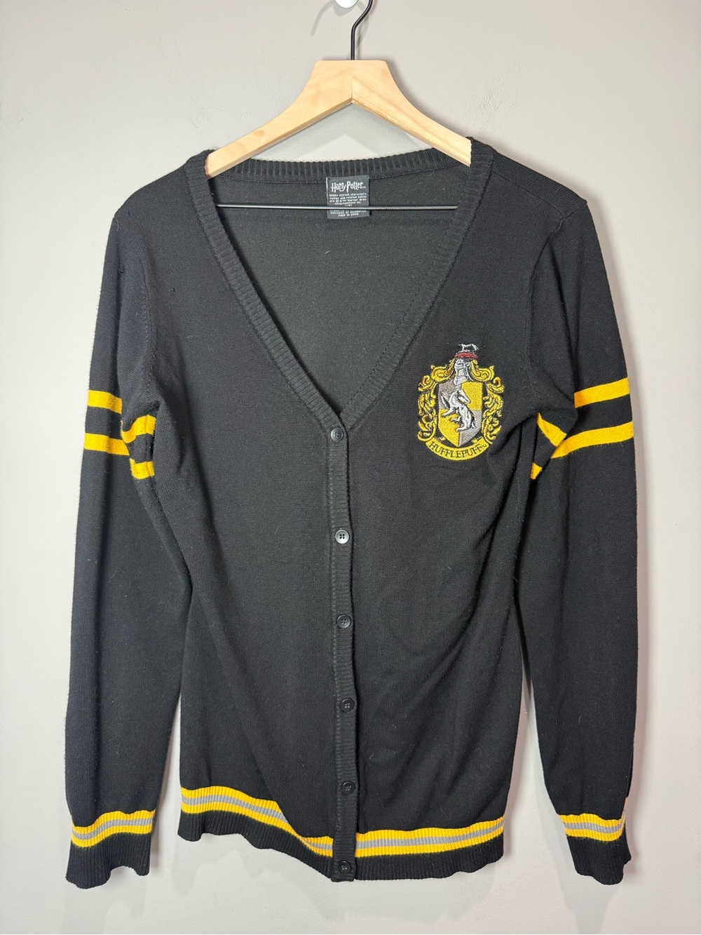 Harry Potter Hufflepuff house crest Black Cardigan with Yellow Trim